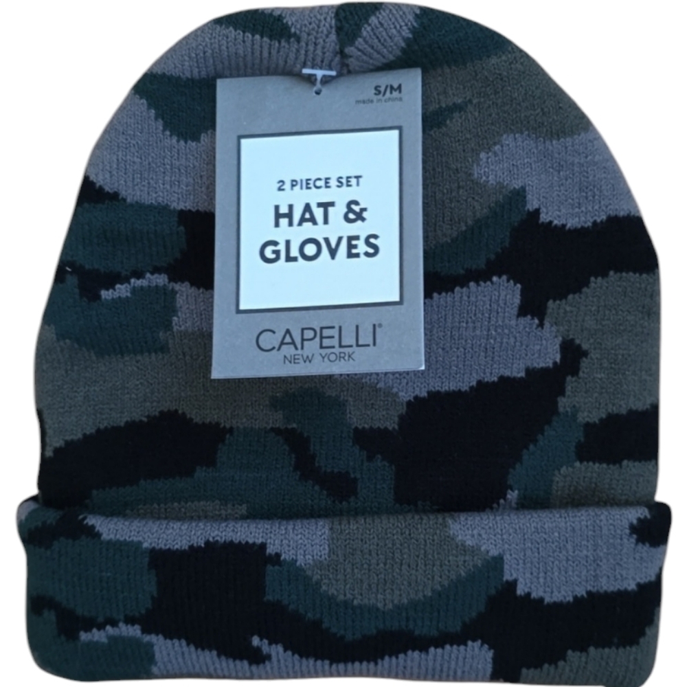 CAPELLI OF NEW YORK BRAND BOYS BLACK & GRAY CAMO WINTER HAT & GLOVES SMALL/MED